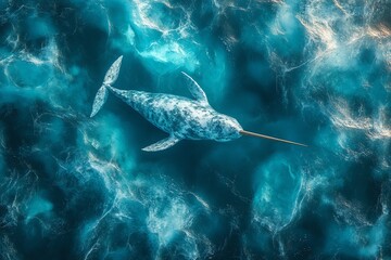 Fototapeta premium An aerial view of a narwhal swimming in the ocean. Its long tusk is visible and its body is mottled with white and gray spots.