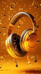 Golden Headphones with Musical Notes on Orange Blurred Background