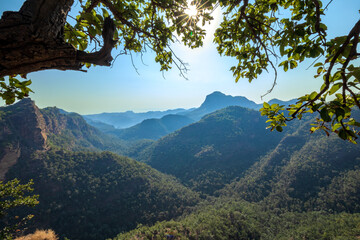 Beautiful Sunset view of satpura mountain range, View from Priyadarshini Point, Pachmarhi, Madhya Pradesh, India.