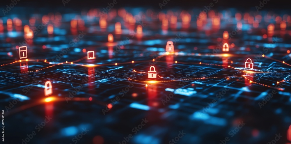 Poster abstract digital network with glowing red lock icons on blue background.