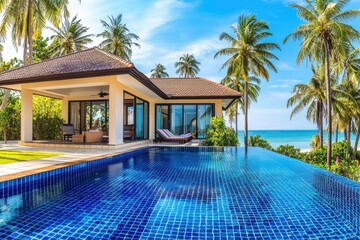 Fototapeta premium Luxurious villa with an infinity pool overlooking the ocean and palm trees.