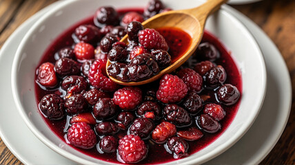 Mixed berry compote with wooden spoon in white bowl
