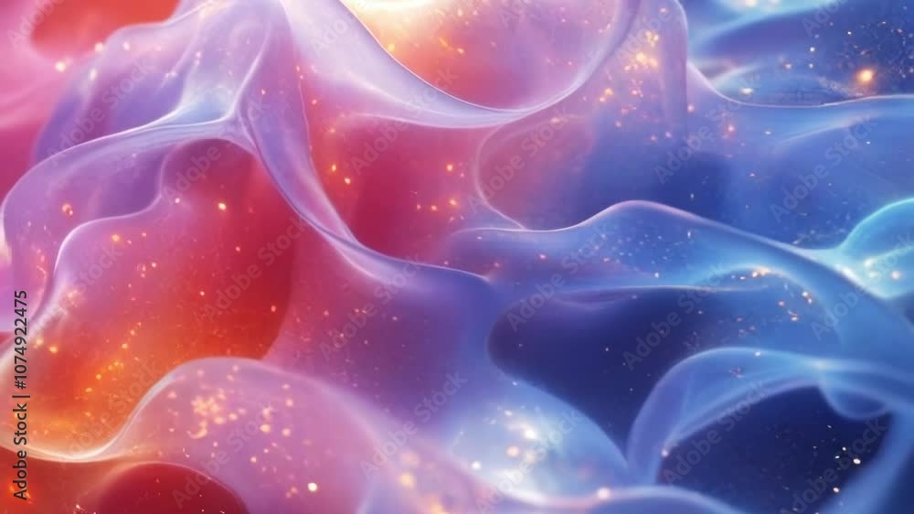 Poster abstract undulating flow of a thick, shimmering, glowing liquid with soft transitions in shades of b