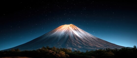 Majestic mountain under a starry sky, with a vibrant peak illuminated, showcasing the beauty of nature in a tranquil nighttime setting.