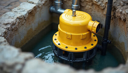 A sump pump system for underground water drainage, featuring a yellow backup unit in a concrete pit.

