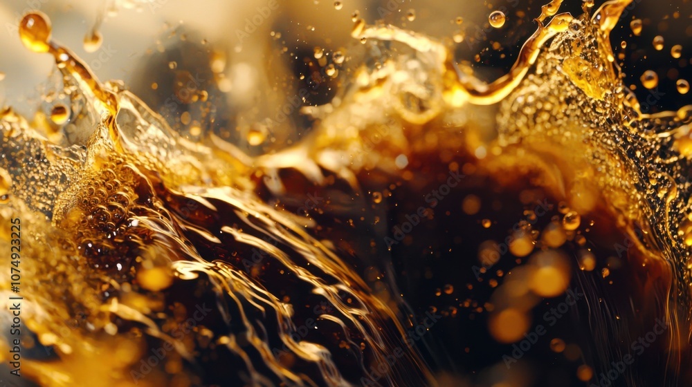 Poster dynamic splash of golden liquid with bubbles and texture