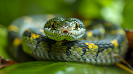 Obraz premium Amazon Whipsnake slithering through the underbrush, its slender body and scales highlighted