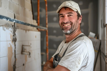 Closeup of industrial bricklayer installing bricks at a construction site generative ai