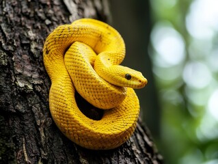 Fototapeta premium Close-Up of Albino Snake with Yellow Scales and Unique Patterns Resting on Tree
