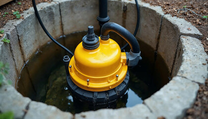 A sump pump system for underground water drainage, featuring a yellow backup unit in a concrete pit.

