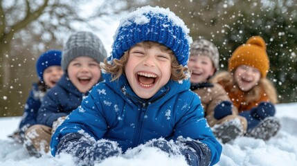 A joyful group of children play in the snow, laughing and enjoying a winter day, wearing colorful hats and warm clothing.
