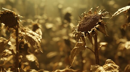Obraz premium Climate Change Impact on Ecosystems: Contrasting Sunflower Wilting in Heat with Thriving Plants - Ultra-Detailed Environmental Photo