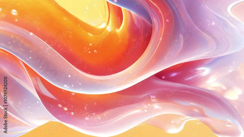 Poster thick, luminous flow with undulating shapes smoothly changing hues from bright pink to warm orange, 