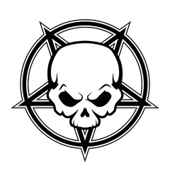 human skull with Pentagram in circle - black and white vector illustration, isolated on white