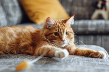 Playful Ginger Cat with Feather Toy on Couch