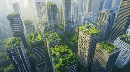 Obraz premium Sustainable Future: Futuristic Urban Landscape with Green Roofs and Vertical Gardens for Climate Resilience