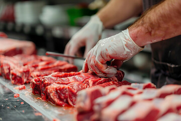 Generative AI Image of Butcher in Supermarket Meat Department with Fresh Cuts of Meat on Display