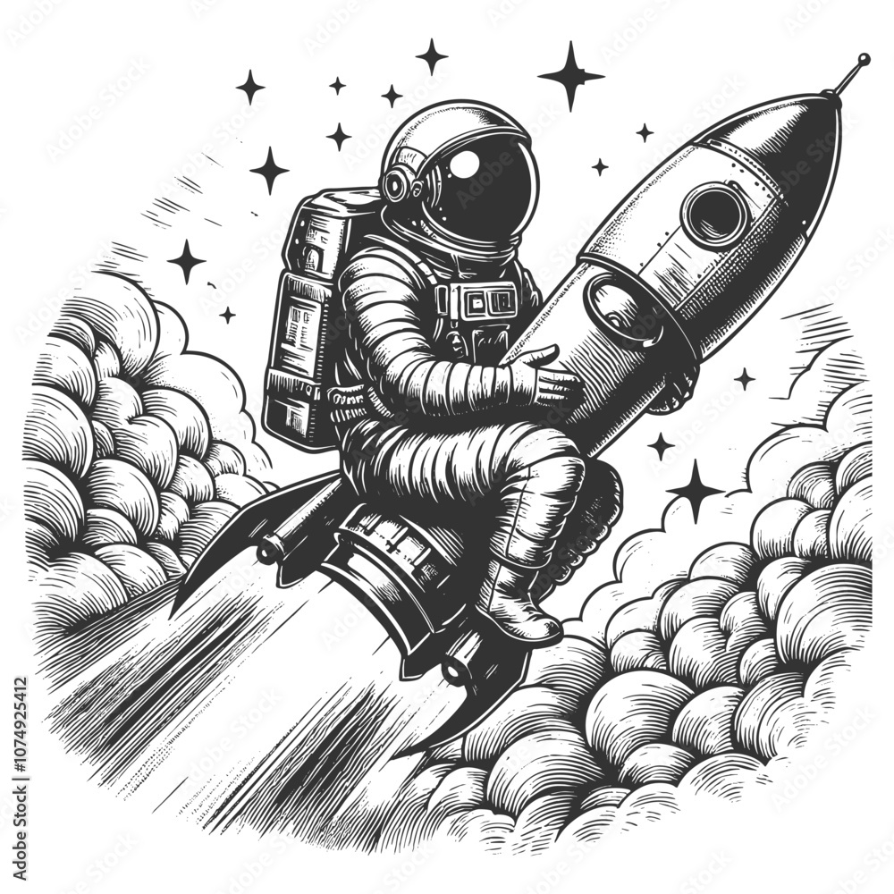 Poster astronaut giving a peace sign while riding a rocket through space, capturing adventure and whimsy sk