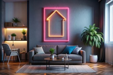 a room with a couch, a table, and a large mirror