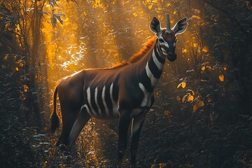 An okapi stands in a dense forest with sunlight filtering through the leaves.