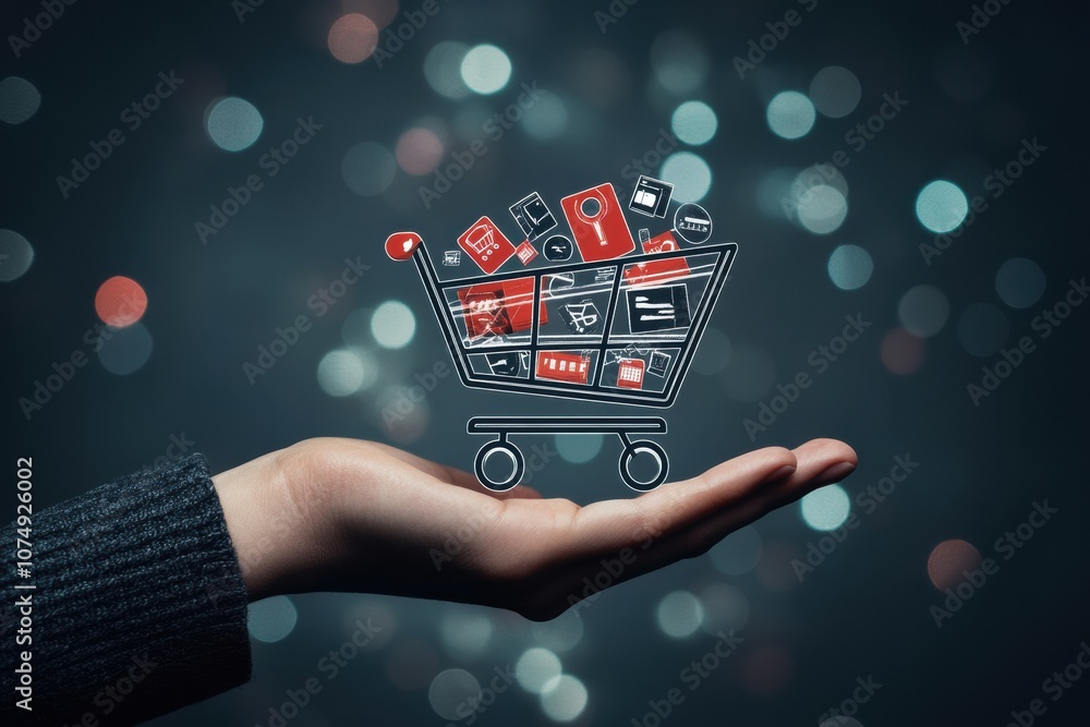 Poster a hand supports an abstract shopping cart overflowing with vibrant products, captured in a dreamy, b