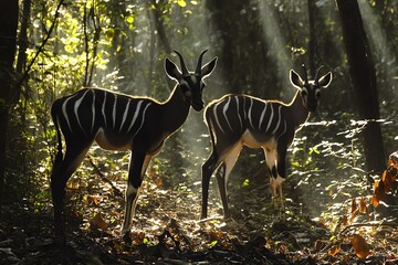 Two striped antelopes stand in a lush forest, sunlight streaming through the trees.