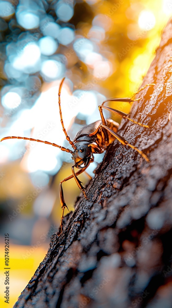 Poster beetle on tree bark with bokeh background.