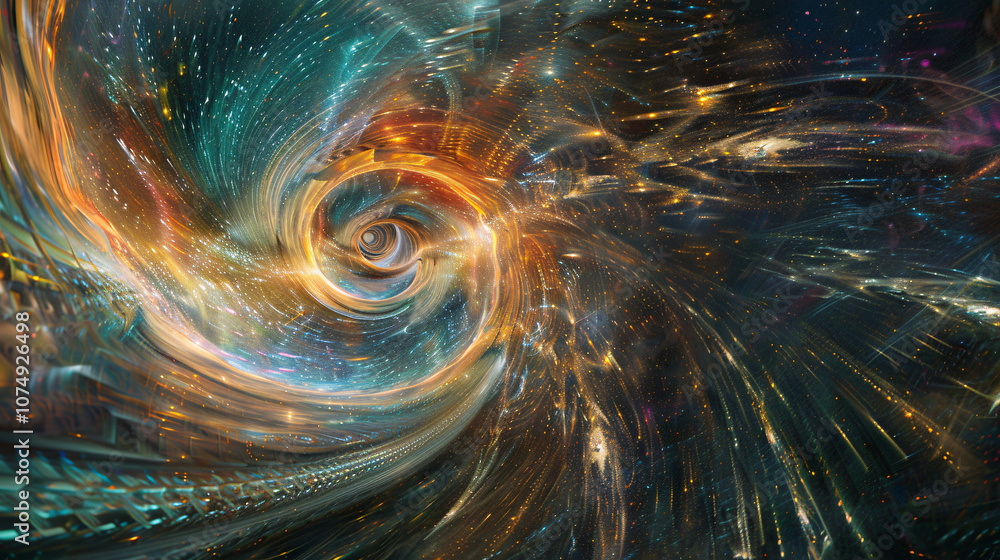 Poster an abstract visual representation of a swirling vortex filled with vibrant colors and light trails, 