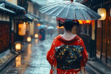 Fototapeta premium Dressed in a vibrant kimono, a woman strolls through a quaint Kyoto alley under a large umbrella as rain falls, surrounded by lantern-lit shops that reflect the charm of the city