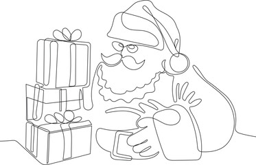 One continuous line drawing Santa Claus on reindeer and sled. concept for Christmas and New Year. vector illustration. Vector illustration