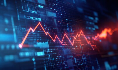Obraz premium Holographic economic chart with an upward arrow, symbolizing global business growth analysis and asset investment, set against a virtual screen with a vibrant dynamic background.