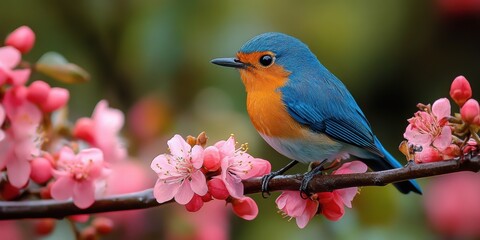 Obraz premium A vibrant blue and orange bird perched gracefully on a branch surrounded by delicate pink blossoms captured in a serene natural setting