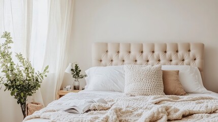 Fototapeta premium Minimalist Bedroom Decor with White Bedding and Natural Elements