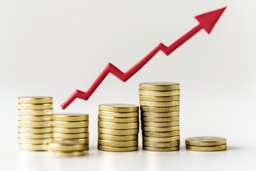 Stacks of gold coins and red arrow. Graphical representation of financial growth. Concept positive financial progress or investment returns.