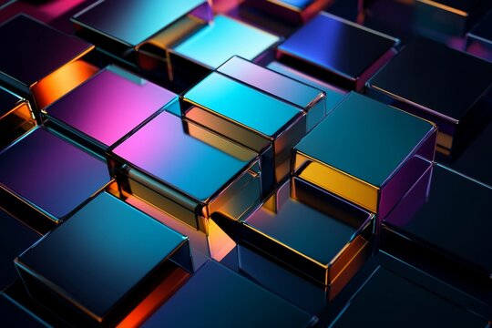 Chromatic Cubes: Abstract 3D render of iridescent, metallic cubes, creating a vibrant and dynamic visual texture. Perfect for tech, design, and modern concepts.  - Powered by Adobe