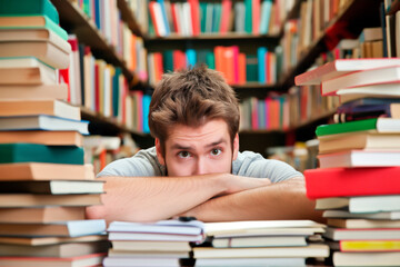 stressed student in a library surrounded with a bunch of books