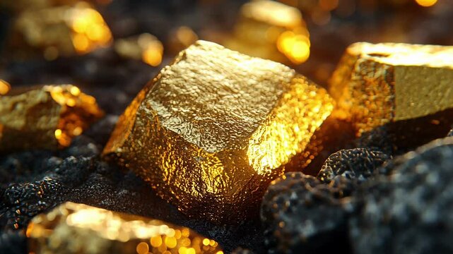 Shimmering Gold Nuggets Gleaming Under Soft Light in a Rocky Setting at a Mining Site