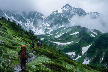 Fototapeta premium A group of hikers trek along a winding path surrounded by lush greenery and majestic mountains. Snow lingers on the peaks, creating a breathtaking view under a cloudy sky