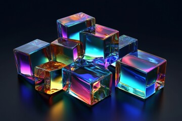 Prismatic Glass Cubes: A captivating arrangement of iridescent glass cubes, their facets reflecting a spectrum of vibrant colors, against a sleek black backdrop.