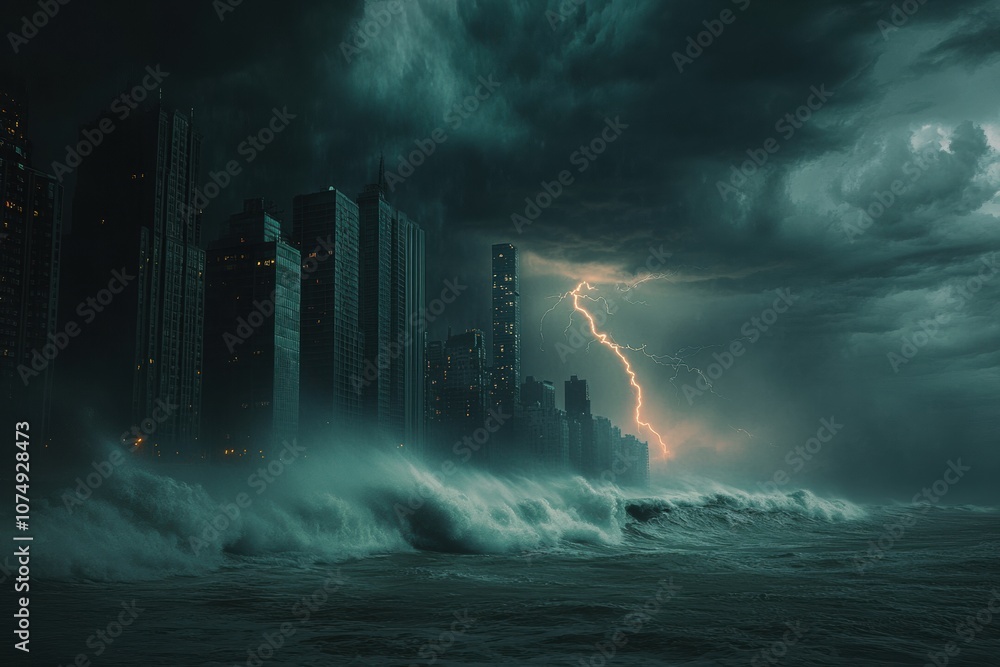 Poster dark clouds loom ominously as a powerful storm impacts the coastal city with bright lightning and cr