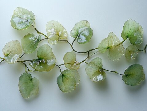 Halophila ovalis seagrass displayed its small oval shaped leaves connected thin stems clean white backdrop highlighting its delicate and translucent beauty.