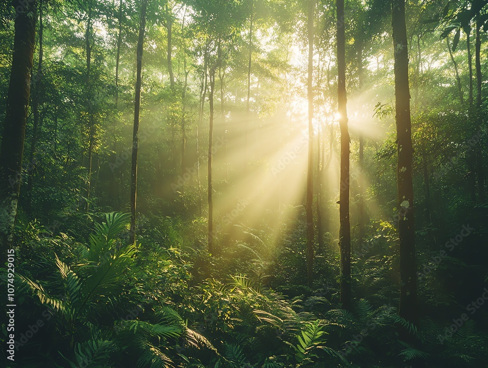 Poster sunlight streams through the trees in a dense, green forest, illuminating the misty air and creating