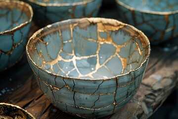 The image features beautifully handcrafted pottery bowls with cracks filled with gold, highlighting the kintsugi art technique. These bowls are displayed in a cozy artisan workshop