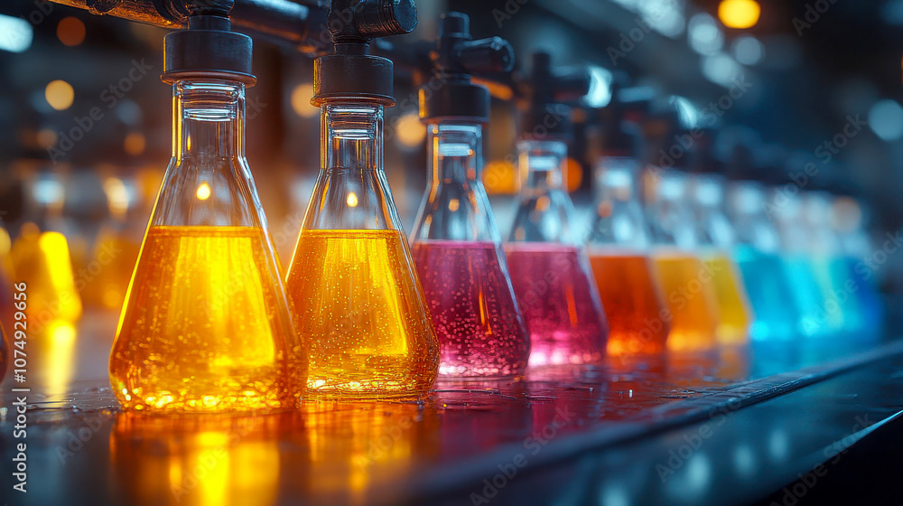 Poster a row of vibrant laboratory flasks filled with colorful liquids, arranged in a gradient