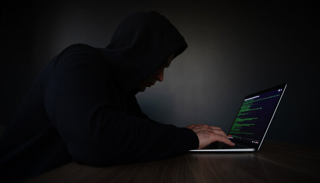 A hooded individual is typing on a laptop, with code displayed on the screen, set in a dimly lit room, symbolizing hacking, cybersecurity, or clandestine programming activities.