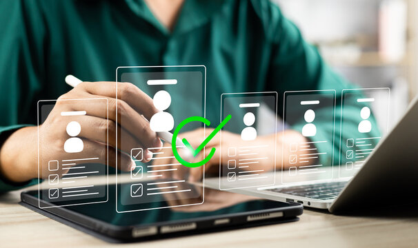 Human resource technology, HR recruitment and team management, Human resource manager reviewing online CVs to select perfect candidate for employment using digital technology and networking tools