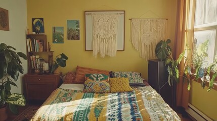 Cozy Bohemian Bedroom Interior with Macrame Wall Hangings and Plants