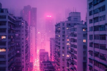 Neon Dreamscape: A mesmerizing cityscape bathed in vibrant pink neon lights, casting an ethereal glow over the dense urban landscape. The atmosphere is dreamlike and surreal, with a touch of mystery.