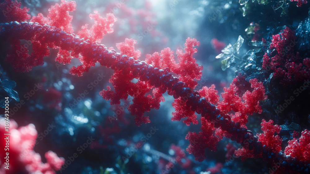 Poster close-up of an illuminated dna strand with sparkling particles on a dark, abstract background. repre