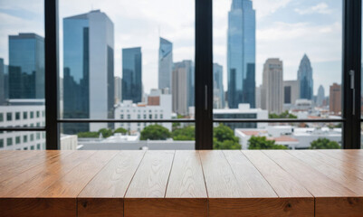 A wooden table sits in front of a large window overlooking a city skyline